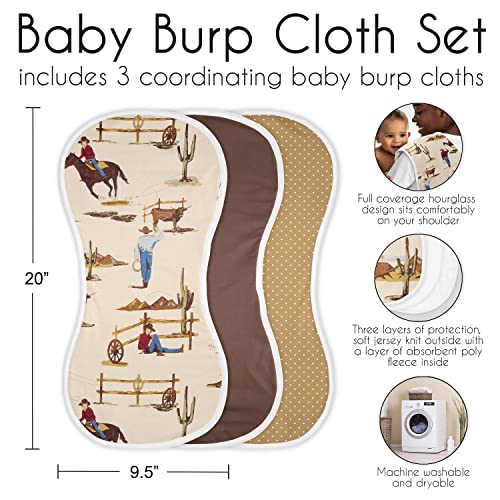 Sweet Jojo Designs Western Cowboy Baby Boy Absorbent Burp Cloths for Infant Newborn - Red Blue Tan Chocolate Brown and White Wild West Southern Country Horse - 3 Pack Set of Dribble Drool Cloths