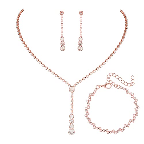 Unicra Bride Silver Bridal Necklace Earrings Set Crystal Wedding Jewelry Set Rhinestone Choker Necklace for Women and Girls (3 piece set - 2 earrings and 1 necklace)(NK070-2) (D 3 Pack Rose Gold Necklace Bracelet Earrings)