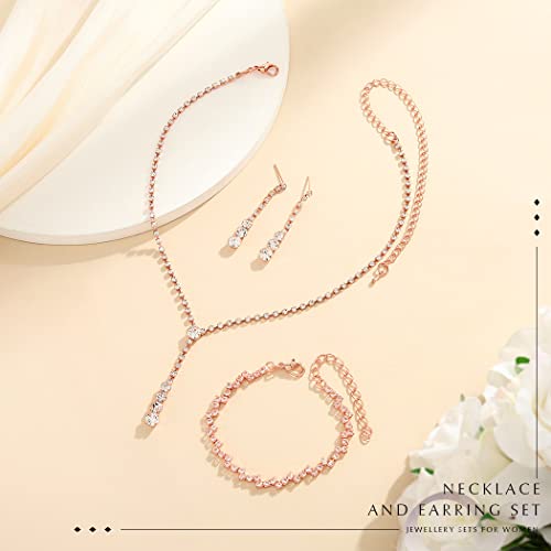 Unicra Bride Silver Bridal Necklace Earrings Set Crystal Wedding Jewelry Set Rhinestone Choker Necklace for Women and Girls (3 piece set - 2 earrings and 1 necklace)(NK070-2) (D 3 Pack Rose Gold Necklace Bracelet Earrings)