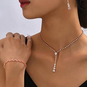 Unicra Bride Silver Bridal Necklace Earrings Set Crystal Wedding Jewelry Set Rhinestone Choker Necklace for Women and Girls (3 piece set - 2 earrings and 1 necklace)(NK070-2) (D 3 Pack Rose Gold Necklace Bracelet Earrings)