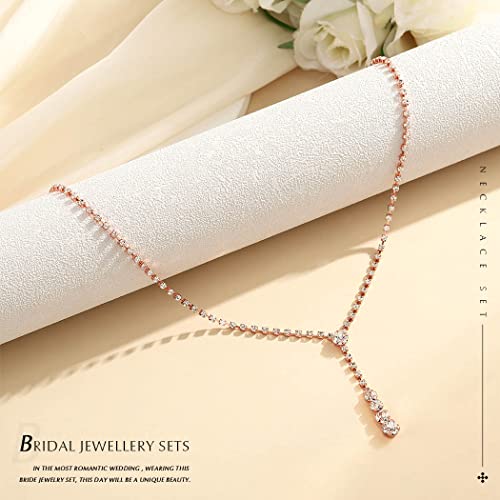 Unicra Bride Silver Bridal Necklace Earrings Set Crystal Wedding Jewelry Set Rhinestone Choker Necklace for Women and Girls (3 piece set - 2 earrings and 1 necklace)(NK070-2) (D 3 Pack Rose Gold Necklace Bracelet Earrings)