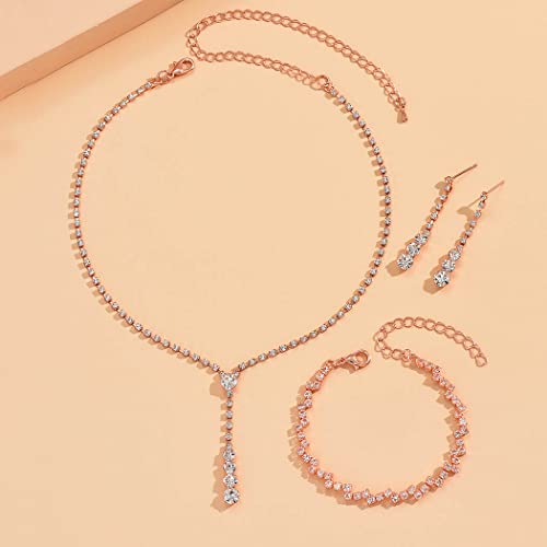 Unicra Bride Silver Bridal Necklace Earrings Set Crystal Wedding Jewelry Set Rhinestone Choker Necklace for Women and Girls (3 piece set - 2 earrings and 1 necklace)(NK070-2) (D 3 Pack Rose Gold Necklace Bracelet Earrings)