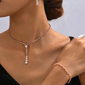 Unicra Bride Silver Bridal Necklace Earrings Set Crystal Wedding Jewelry Set Rhinestone Choker Necklace for Women and Girls (3 piece set - 2 earrings and 1 necklace)(NK070-2) (D 3 Pack Rose Gold Necklace Bracelet Earrings)