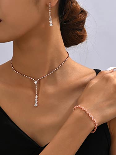Unicra Bride Silver Bridal Necklace Earrings Set Crystal Wedding Jewelry Set Rhinestone Choker Necklace for Women and Girls (3 piece set - 2 earrings and 1 necklace)(NK070-2) (D 3 Pack Rose Gold Necklace Bracelet Earrings)