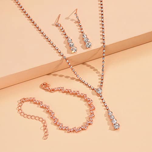 Unicra Bride Silver Bridal Necklace Earrings Set Crystal Wedding Jewelry Set Rhinestone Choker Necklace for Women and Girls (3 piece set - 2 earrings and 1 necklace)(NK070-2) (D 3 Pack Rose Gold Necklace Bracelet Earrings)