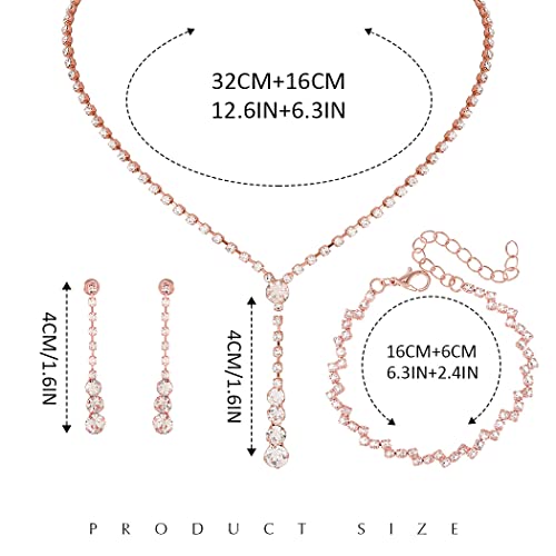 Unicra Bride Silver Bridal Necklace Earrings Set Crystal Wedding Jewelry Set Rhinestone Choker Necklace for Women and Girls (3 piece set - 2 earrings and 1 necklace)(NK070-2) (D 3 Pack Rose Gold Necklace Bracelet Earrings)