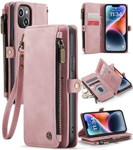 defencase for iphone 14 case, iphone 14 wallet case for women men, durable pu leather magnetic buckle flip strap wristlet zipper card holder wallet phone cases for iphone 14 [6.1-inch], rose pink