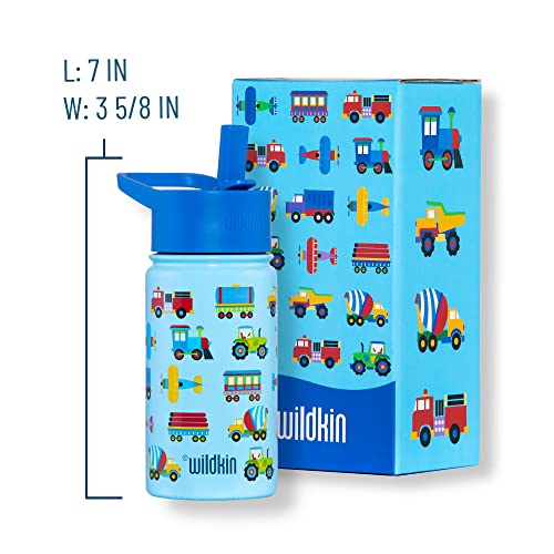 Wildkin Kids Stainless Steel 14 Ounce Water Bottle for Boys & Girls, Perfect for Daycare, School, or Travel, Features Straw Top & Carrying Handle, Easy to Clean Water Bottles (Trains, Planes & Trucks)