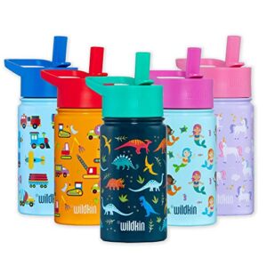 wildkin kids stainless steel 14 ounce water bottle for boys & girls, perfect for daycare, school, or travel, features straw top & carrying handle, easy to clean water bottles (jurassic dinosaurs)