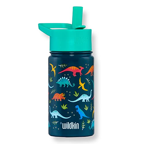 Wildkin Kids Stainless Steel 14 Ounce Water Bottle for Boys & Girls, Perfect for Daycare, School, or Travel, Features Straw Top & Carrying Handle, Easy to Clean Water Bottles (Jurassic Dinosaurs)