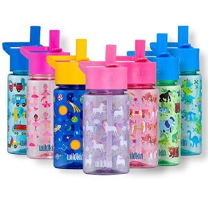 wildkin kids reusable 16 ounce water bottle for boys and girls, perfect for daycare, school, or travel, features straw top and carrying handle, easy to clean water bottles for kids (unicorn)