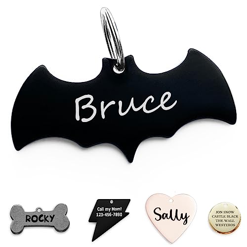 Premium 316 Surgical Grade Stainless Steel Personalized Dog & Cat ID Tags - Fun Shapes for Sporty Outdoor Pets - Custom Engraved Name & Info for Collar Accessories & Pet Necklaces Bat