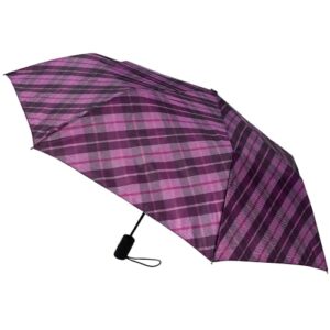 london fog mini rain umbrella, automatic folding umbrella, windproof, lightweight and packable for travel, full 42 inch arc, purple tartan