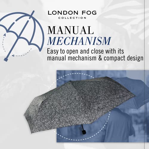 London Fog Mini Rain Umbrella, Manual Folding Umbrella, Windproof, Lightweight and Packable for Travel, Full 42 Inch Arc, Houndstooth