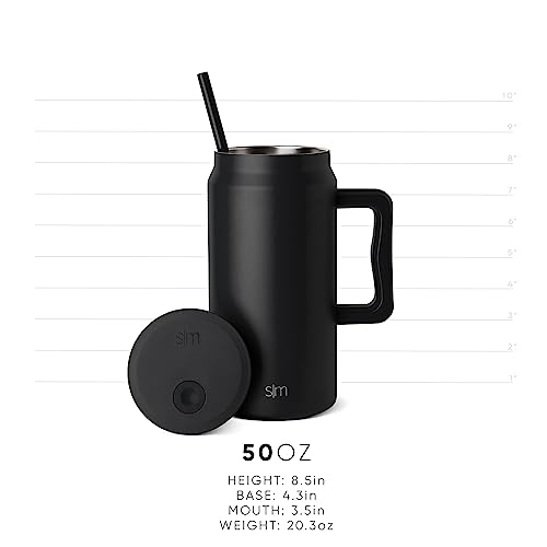 Simple Modern 50 oz Mug Tumbler with Handle and Straw Lid | Reusable Insulated Stainless Steel Large Travel Jug Water Bottle | Gifts for Women Men Him Her | Trek Collection | 50oz | Midnight Black