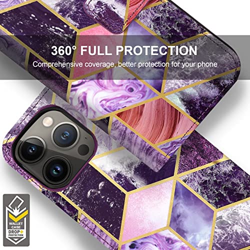 CASEOWL Compatible for iPhone 14 Pro Wallet Case [Support Magsafe Charger] 2 in 1 Magnetic Detachable [RFID Blocking] Marble Pattern Flip Leather Wallet Case with Card Holder, Strap for Women (Purple)