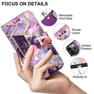 CASEOWL Compatible for iPhone 14 Pro Wallet Case [Support Magsafe Charger] 2 in 1 Magnetic Detachable [RFID Blocking] Marble Pattern Flip Leather Wallet Case with Card Holder, Strap for Women (Purple)