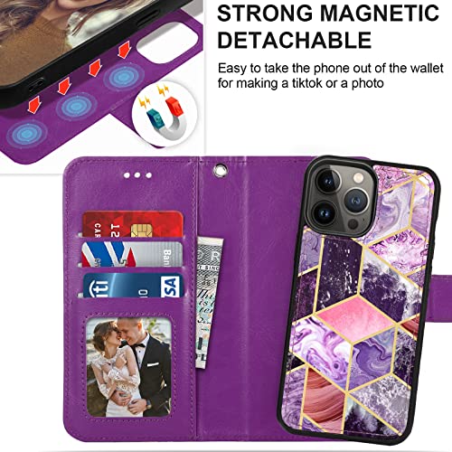 CASEOWL Compatible for iPhone 14 Pro Wallet Case [Support Magsafe Charger] 2 in 1 Magnetic Detachable [RFID Blocking] Marble Pattern Flip Leather Wallet Case with Card Holder, Strap for Women (Purple)