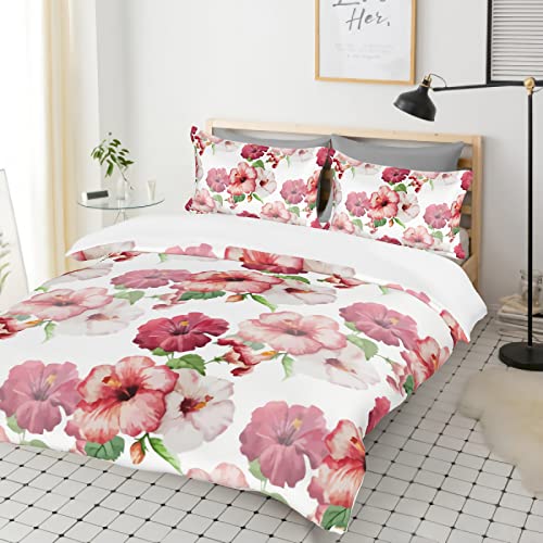 DamnGud Flowers Bedding Set Pink Flowers Duvet Cover Red Flowers Comforter Cover Full Size Quilt with 2 Pillowcases Soft Microfiber (no Comforter)