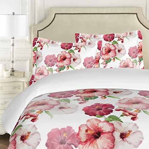 DamnGud Flowers Bedding Set Pink Flowers Duvet Cover Red Flowers Comforter Cover Full Size Quilt with 2 Pillowcases Soft Microfiber (no Comforter)