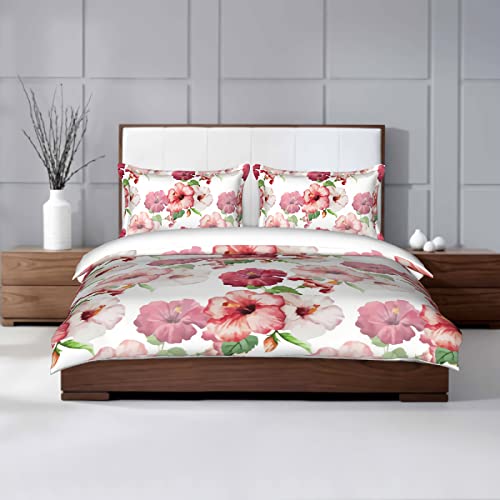 DamnGud Flowers Bedding Set Pink Flowers Duvet Cover Red Flowers Comforter Cover Full Size Quilt with 2 Pillowcases Soft Microfiber (no Comforter)