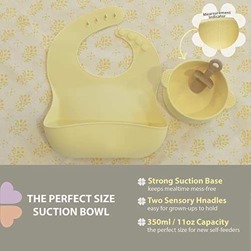 Clover Clover 9 Piece Baby Led Weaning Supplies- Toddler Feeding Set- Silicone Divided Suction Plate with Lid, Suction Bowl, Sippy Cup, 2 Bibs, 2 Soft Spoons and Fork 6 Months+ (Ether)