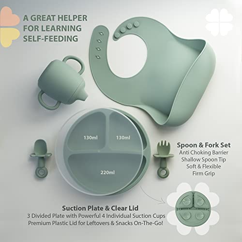 Clover Clover 9 Piece Baby Led Weaning Supplies- Toddler Feeding Set- Silicone Divided Suction Plate with Lid, Suction Bowl, Sippy Cup, 2 Bibs, 2 Soft Spoons and Fork 6 Months+ (Ether)