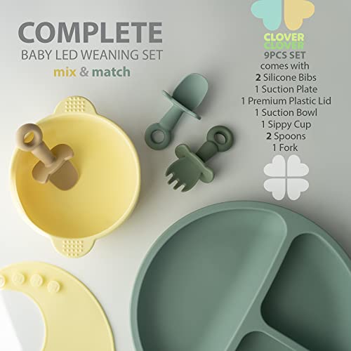 Clover Clover 9 Piece Baby Led Weaning Supplies- Toddler Feeding Set- Silicone Divided Suction Plate with Lid, Suction Bowl, Sippy Cup, 2 Bibs, 2 Soft Spoons and Fork 6 Months+ (Ether)