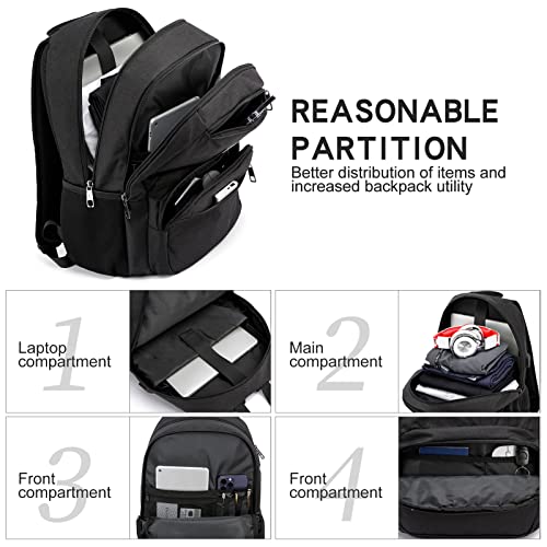 Travel Laptop Backpack for Men, College Bookbag for Men, 15.6 Inch Casual Back Pack with USB Charging Port, Water Resistant Anti Theft Business Work Bag, Computer Backpack Casual Daypack, Black