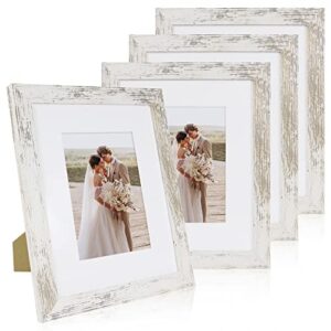 Hongkee 8x10 Picture Frame Set of 4, Made of Real Glass and Distressed White Frame, 8 by 10 for Wall or Tabletop - Display 5x7 with Mat or 8x10 Picture Without Mat