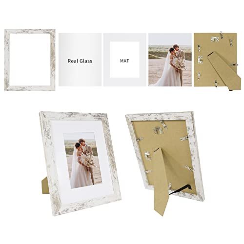Hongkee 8x10 Picture Frame Set of 4, Made of Real Glass and Distressed White Frame, 8 by 10 for Wall or Tabletop - Display 5x7 with Mat or 8x10 Picture Without Mat