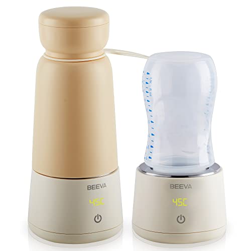 2-in-1 BEEVA Portable Baby Bottle Warmer for Breastmilk/Baby Formula, Ideal for Travel, with USB Charger, 4 Temperature Settings & Digital Display, Accurate Heating,with Travel Bag