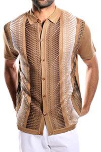 men’s short sleeve knit sports shirt - modern polo vintage classics: mélange panel (3xl, cafe stripe)