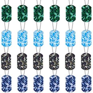 24 pcs camouflage dog tags acrylic army dog tags camo party favors army birthday favors camo necklace with metal beaded chain for kids men dogs soldier arm (green, blue, khaki, gray)
