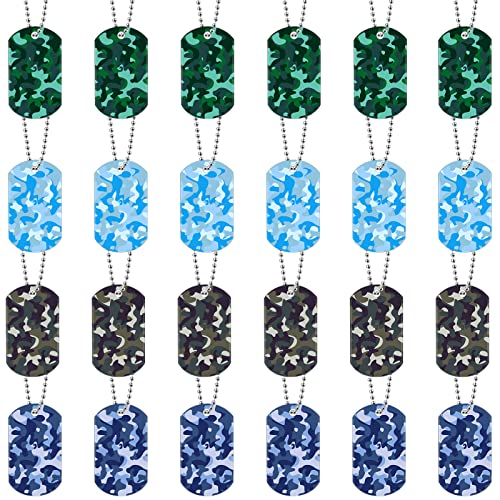 24 Pcs Camouflage Dog Tags Acrylic Army Dog Tags Camo Party Favors Army Birthday Favors Camo Necklace with Metal Beaded Chain for Kids Men Dogs Soldier Arm (Green, Blue, Khaki, Gray)