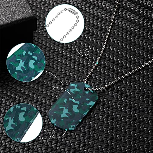 24 Pcs Camouflage Dog Tags Acrylic Army Dog Tags Camo Party Favors Army Birthday Favors Camo Necklace with Metal Beaded Chain for Kids Men Dogs Soldier Arm (Green, Blue, Khaki, Gray)
