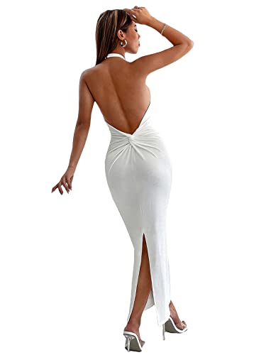 SheIn Women's Twist Back Split Bodycon Maxi Dress Sleeveless Backless Halter Long Dresses White Petite Small