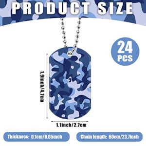 24 Pcs Camouflage Dog Tags Acrylic Army Dog Tags Camo Party Favors Army Birthday Favors Camo Necklace with Metal Beaded Chain for Kids Men Dogs Soldier Arm (Green, Blue, Khaki, Gray)