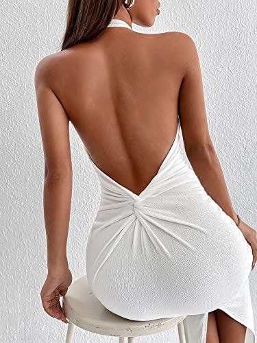 SheIn Women's Twist Back Split Bodycon Maxi Dress Sleeveless Backless Halter Long Dresses White Petite Small