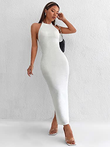 SheIn Women's Twist Back Split Bodycon Maxi Dress Sleeveless Backless Halter Long Dresses White Petite Small