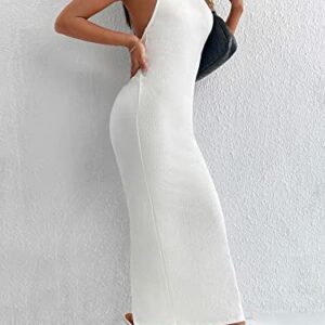 SheIn Women's Twist Back Split Bodycon Maxi Dress Sleeveless Backless Halter Long Dresses White Petite Small