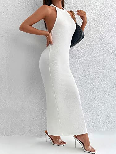 SheIn Women's Twist Back Split Bodycon Maxi Dress Sleeveless Backless Halter Long Dresses White Petite Small