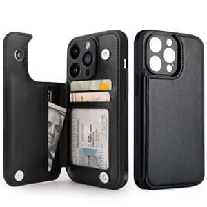 cardpakee phone case for iphone 14 pro case with card holder, fine hole camera for iphone 14 pro case wallet, leather wallet phone case for iphone 14 pro wallet case for women men 6.1 inch black