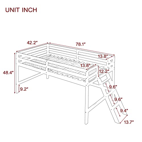 Tmosi Low Loft Bed Twin,Solid Wood Kids Twin Bed Frame with Ladders and Guard Rails,Space Saving Twin Size Loft Bed for Girl Boy,No Box Spring Needed,Easy to Assembly (White)