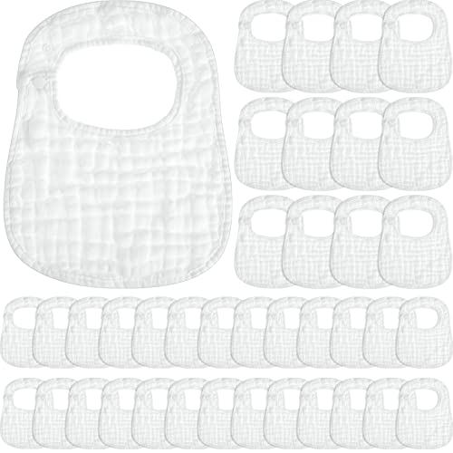 30 Pack White Muslin Baby Bib for Boy Girl Adjustable Muslin Baby Drool Bibs Soft Snap Muslin Bibs for Newborn Infant Drooling Eating Feeding