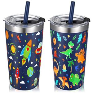 2 pcs kids cups with straw and lid, toddler smoothie cup spill proof vacuum stainless steel insulated tumbler for boys, powder coated baby child cup + bpa free lids + silicone straws (12 oz, cute)