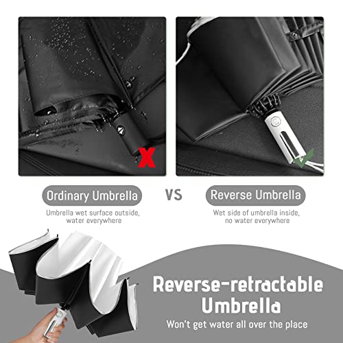 BangBoom Automatic Reverse Folding Umbrella Windproof Waterproof Inverted Sun Protection Umbrella with Reflective Tape, Portable Travel Umbrellas with Reinforced Frame for Rainy Sunny Days (White)