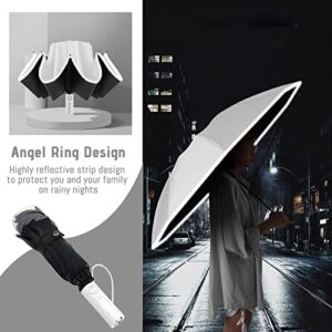 BangBoom Automatic Reverse Folding Umbrella Windproof Waterproof Inverted Sun Protection Umbrella with Reflective Tape, Portable Travel Umbrellas with Reinforced Frame for Rainy Sunny Days (White)