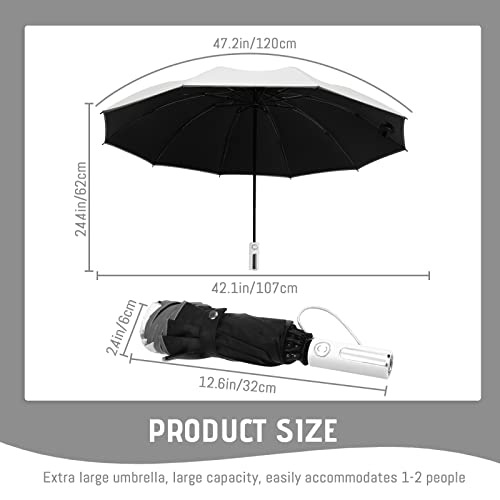 BangBoom Automatic Reverse Folding Umbrella Windproof Waterproof Inverted Sun Protection Umbrella with Reflective Tape, Portable Travel Umbrellas with Reinforced Frame for Rainy Sunny Days (White)