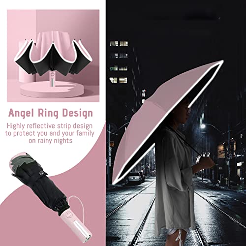 BangBoom Automatic Reverse Folding Umbrella Windproof Waterproof Inverted Sun Protection Umbrella with Reflective Tape, Portable Travel Umbrellas with Reinforced Frame for Rainy Sunny Days (Pink)